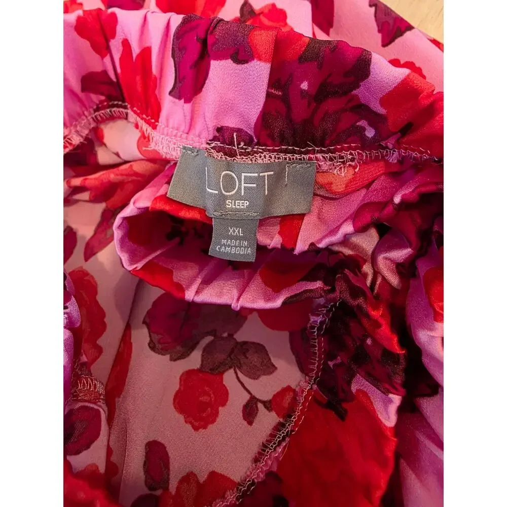 LOFT Pink Floral Silky Pajama Set Size XXL / 2X Satin Notch Colar